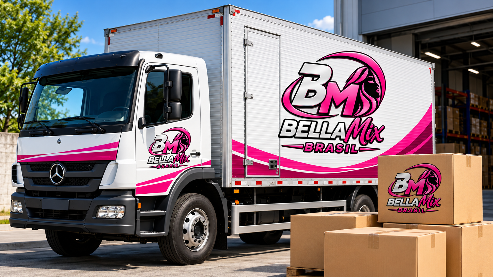 Caminhão de entregas e caixas da marca Bella Hair